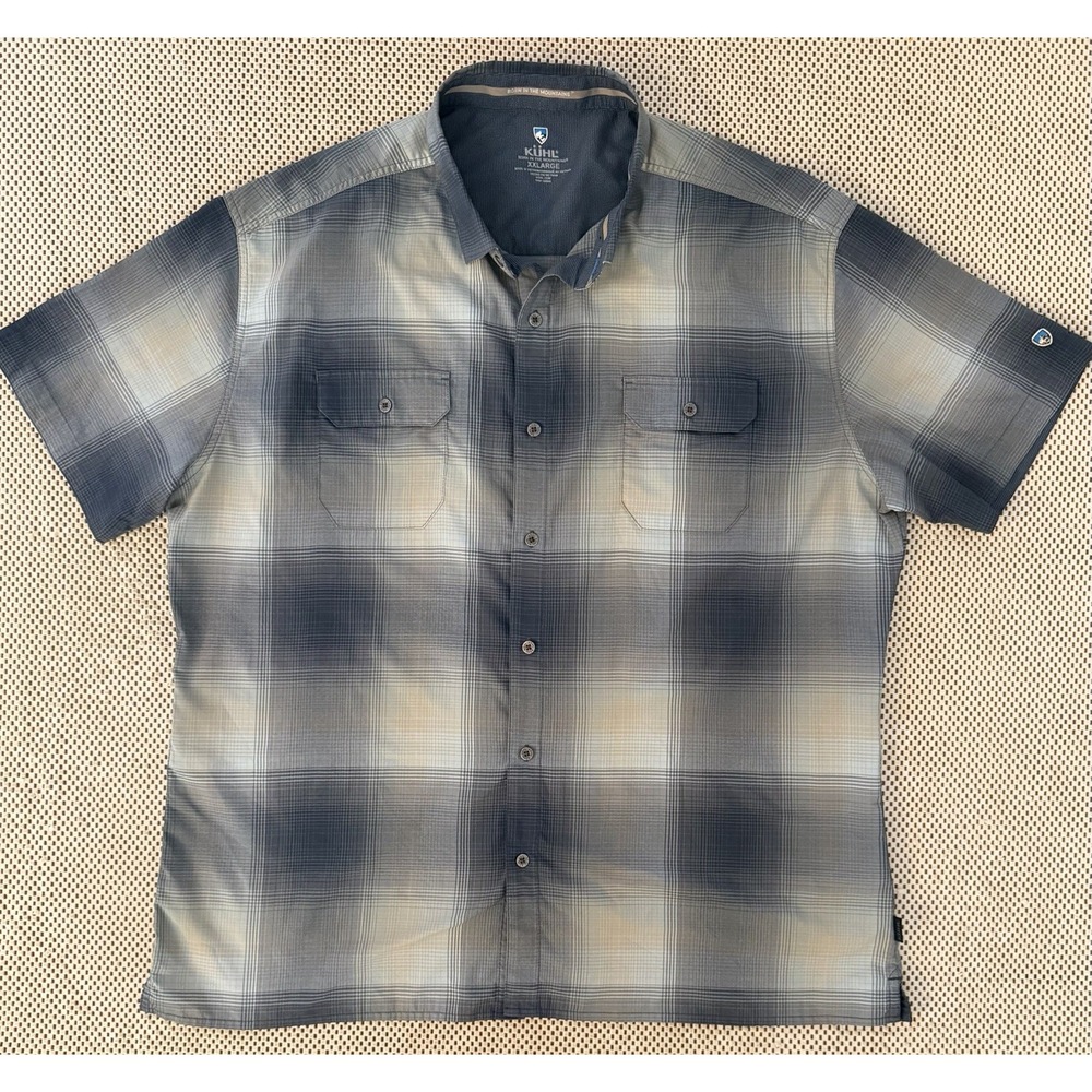 Mens Kuhl Short Sleeve Button Down Shirt Size XXL Grey Plaid Outdoor